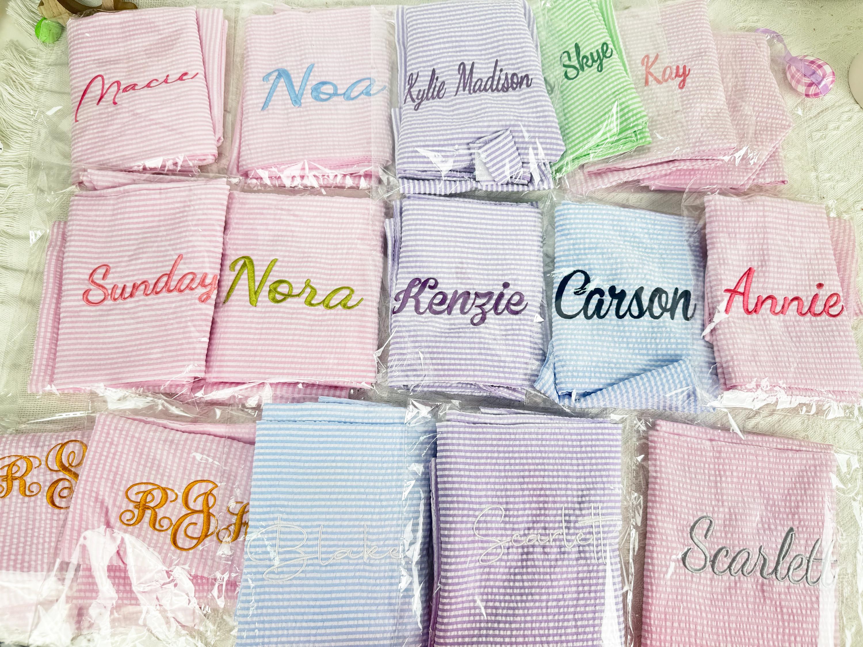 Personalized Seersucker Easter Basket Bow, Custom Monogrammed Bow, Baby Shower Favor, Wedding Basket Bow, Spring Decoration
