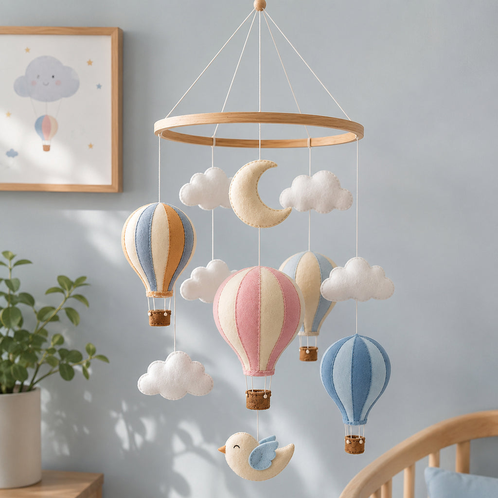 Personalized Hot Air Balloon Felt Baby Mobile, Handmade Nursery Crib Mobile, Pastel Balloon and Cloud Baby Room Decor BBMB09