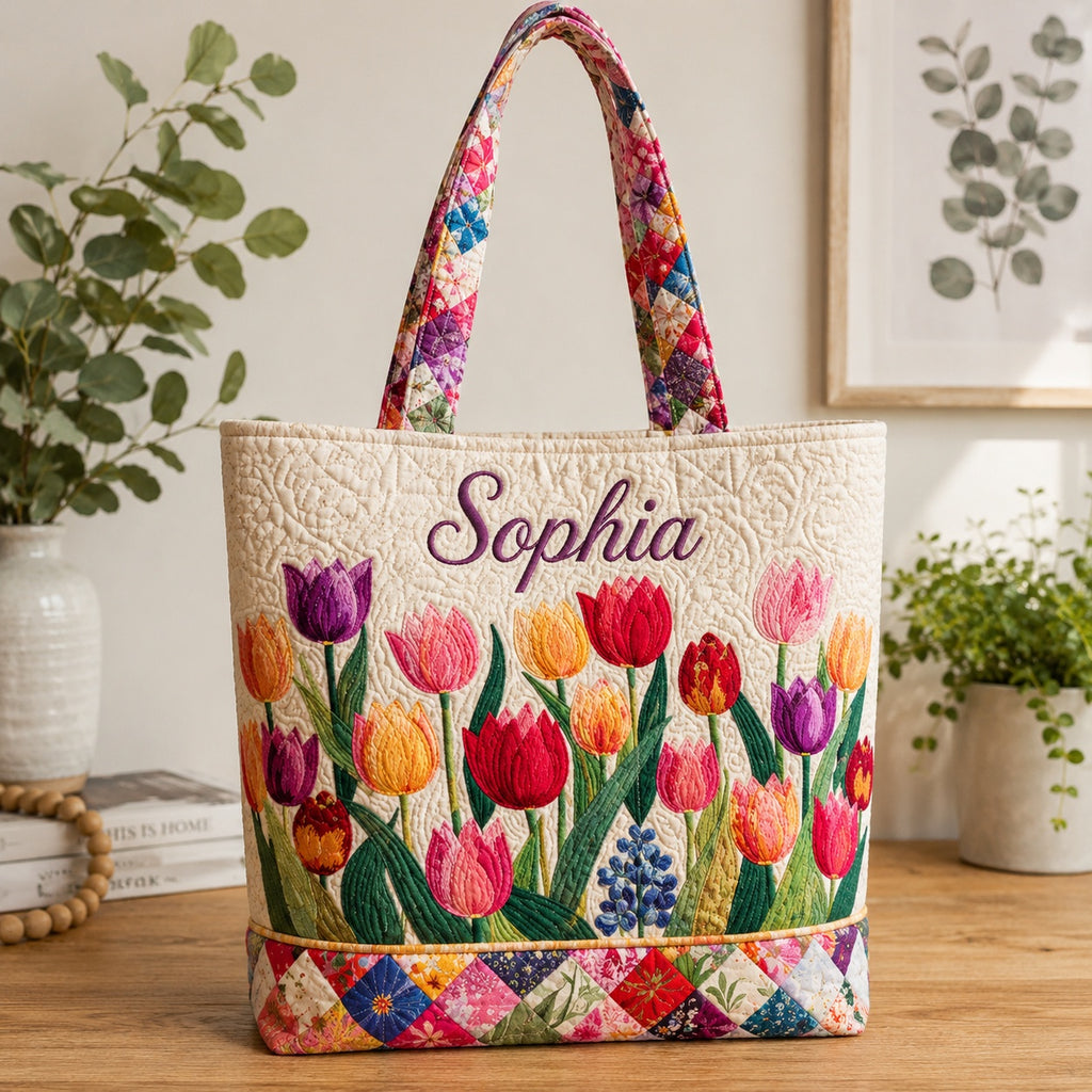 Custom Tulip Quilted Tote Bag, Spring Garden Tote Bag, Quilted Shoulder Bag, Quilted Book Bag, Fabric Bag QTOTE60