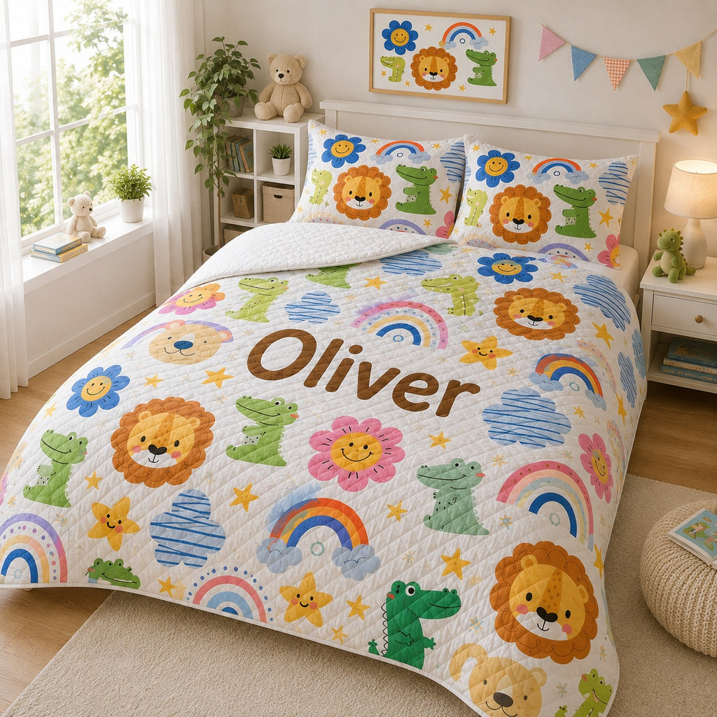 Safari Animals Quilted Bedding Set, Custom Lion & Crocodile Kids Quilt with Pillow Covers, Nursery Room Decor, Animal Blanket QBEDSET06