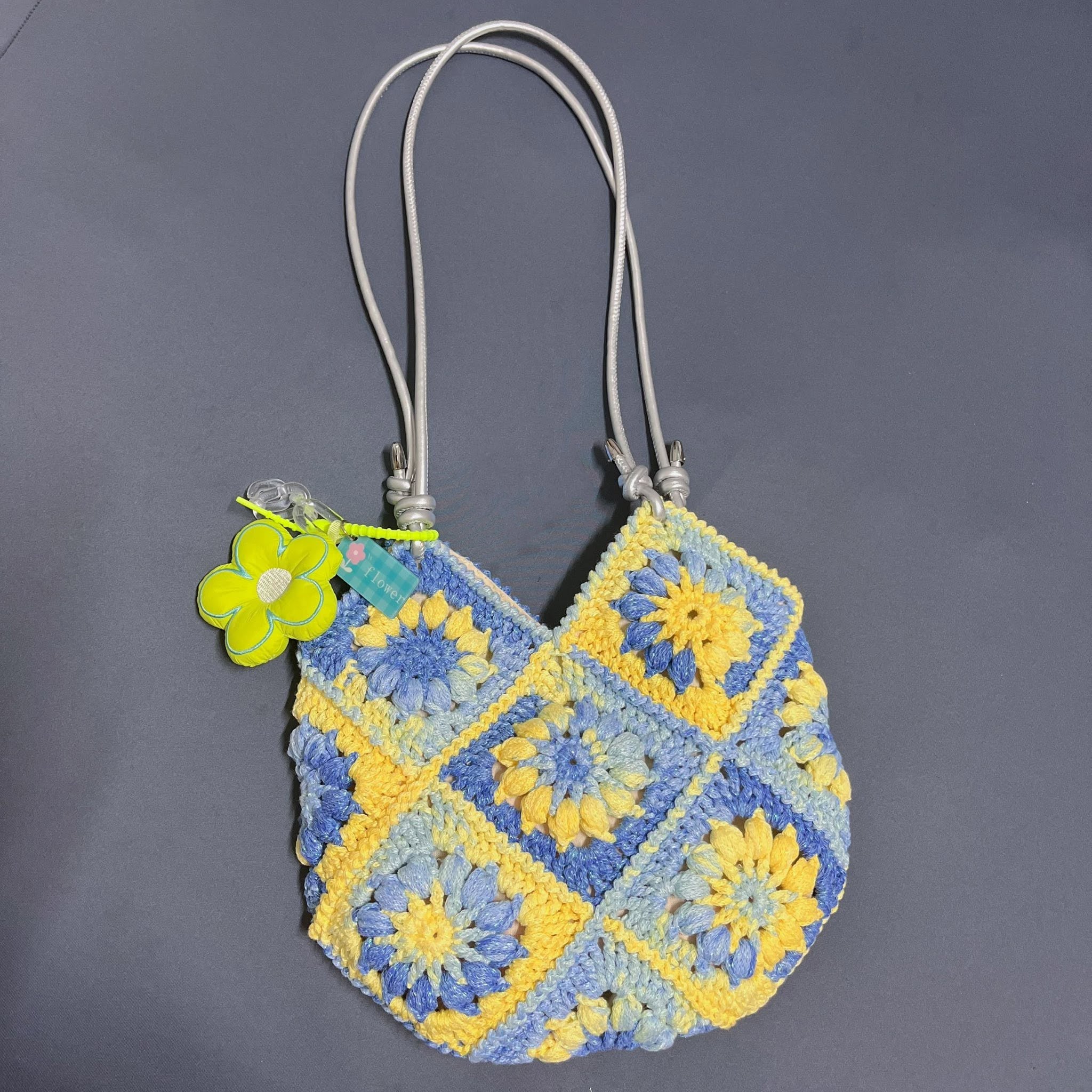 Granny Square Crochet Bag, Handmade Flower Patchwork Shoulder Bag, Blue Yellow Crochet Purse, Boho Floral Summer Bag for Women Crochet04
