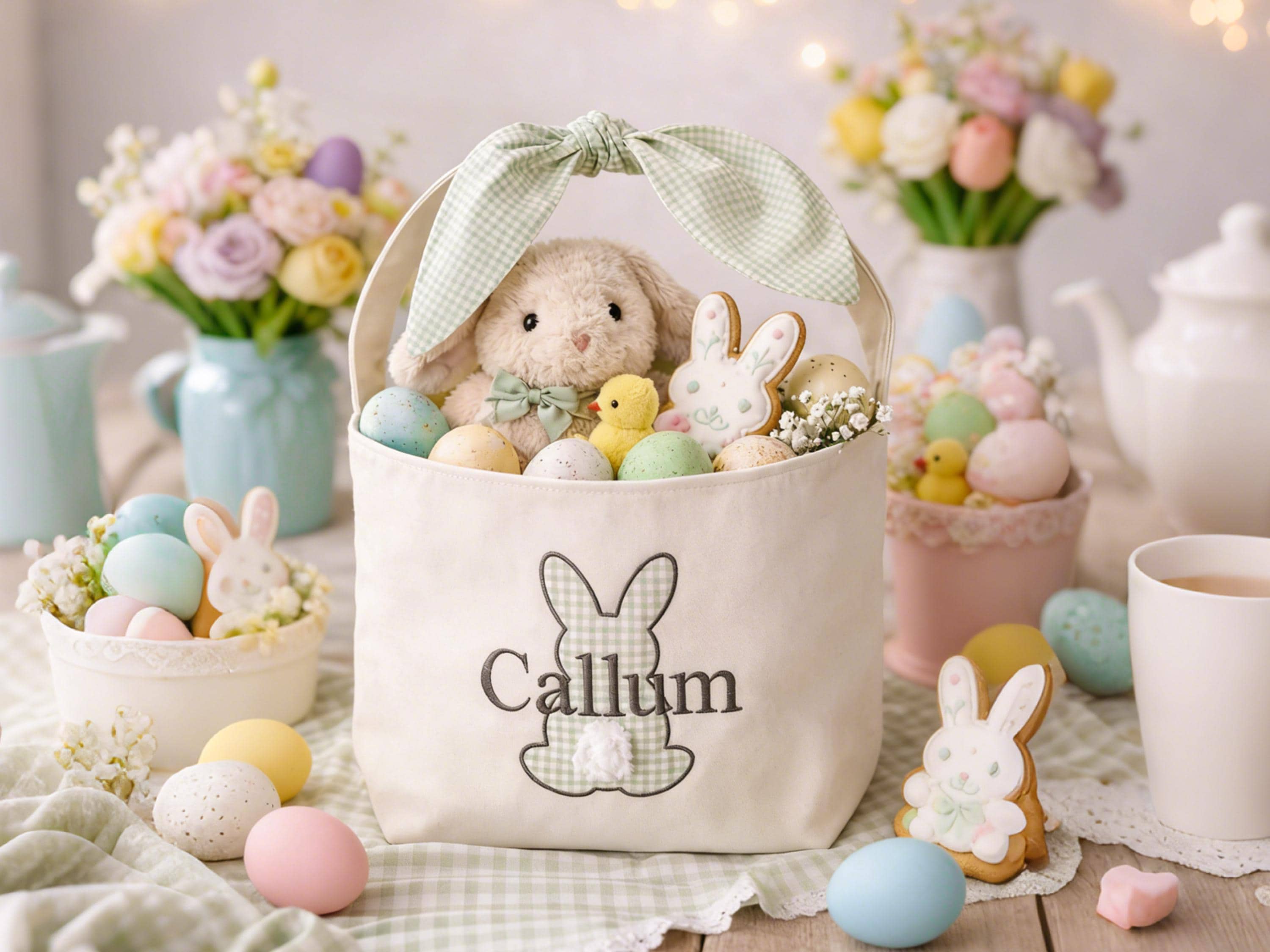 Personalized Kids Easter Basket, Toddler Easter Gift, Egg Hunt Bucket, Baby Shower Gifts, Embroidered Name