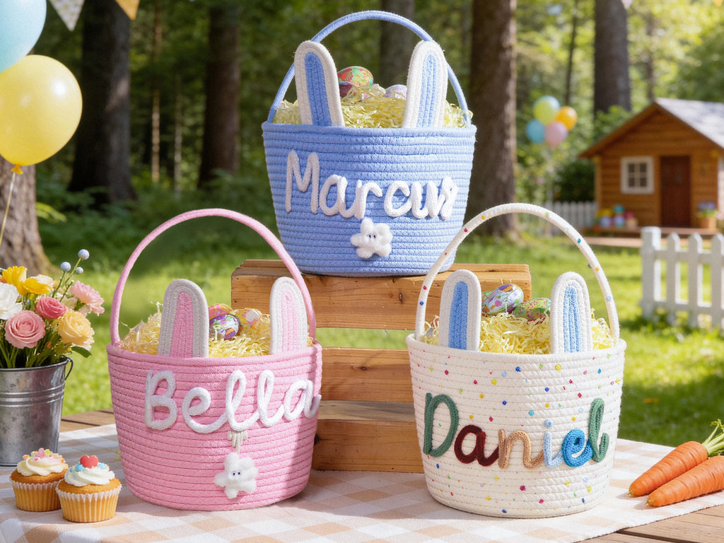 Personalized Easter Bunny Basket with name, Easter Basket for Kids, Easter Egg Hunt Basket,Easter Bunny Bucket, Toy Basket, Basket with Toy