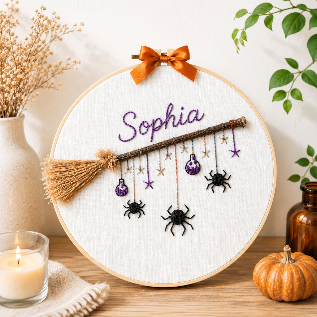 Witch Broom Halloween Hand-Embroidery Hoop, Custom Embroidered Wall Art, Hanging Decor, Handmade Gift HOOP10