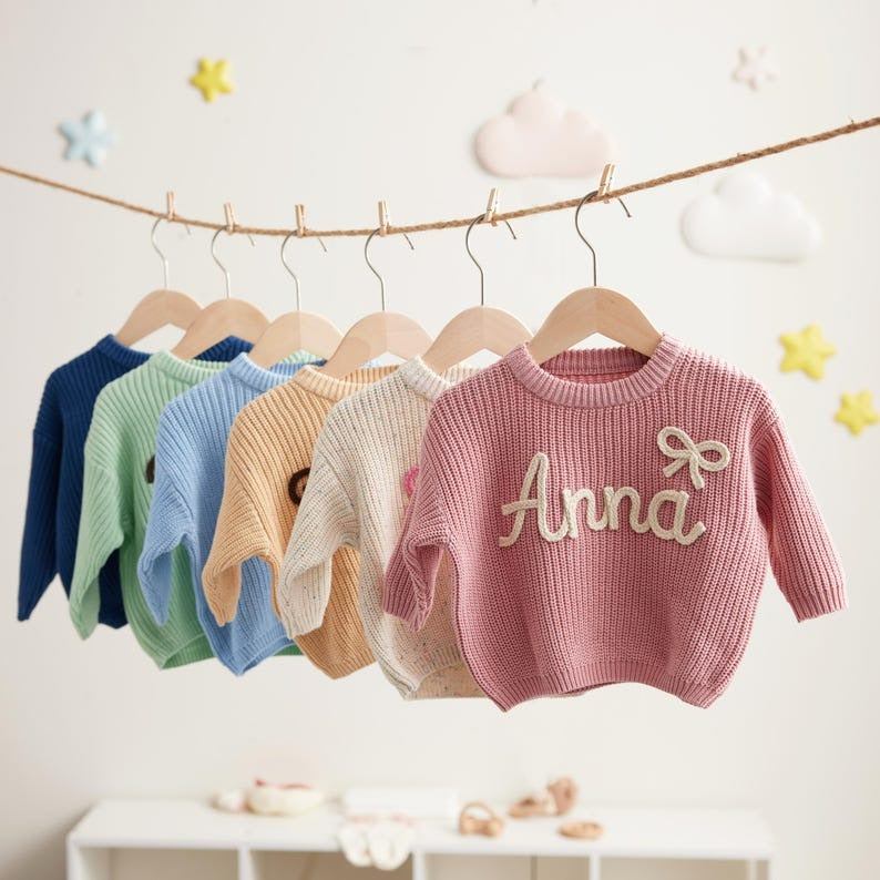 Custom Name Knit Baby Sweater, Handmade Embroidery Baby Clothes, Newborn Gift Idea