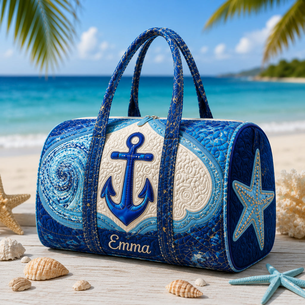 Personalized Nautical Quilted Duffle Bag, Anchor Beach Travel Bag with Name, Coastal Weekender Bag, Ocean Lover Gift DFB31