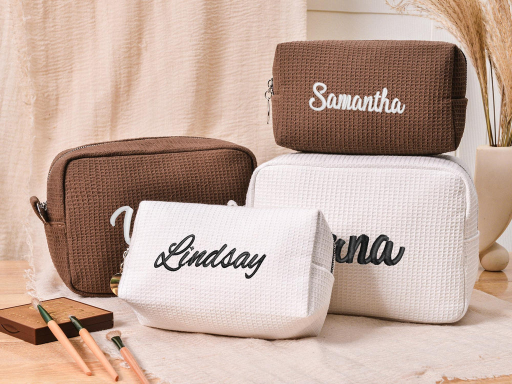 Custom Name Waffle Makeup Bag – Embroidered Monogram Cosmetic Pouch, Bridesmaid Gift, Gift for Her