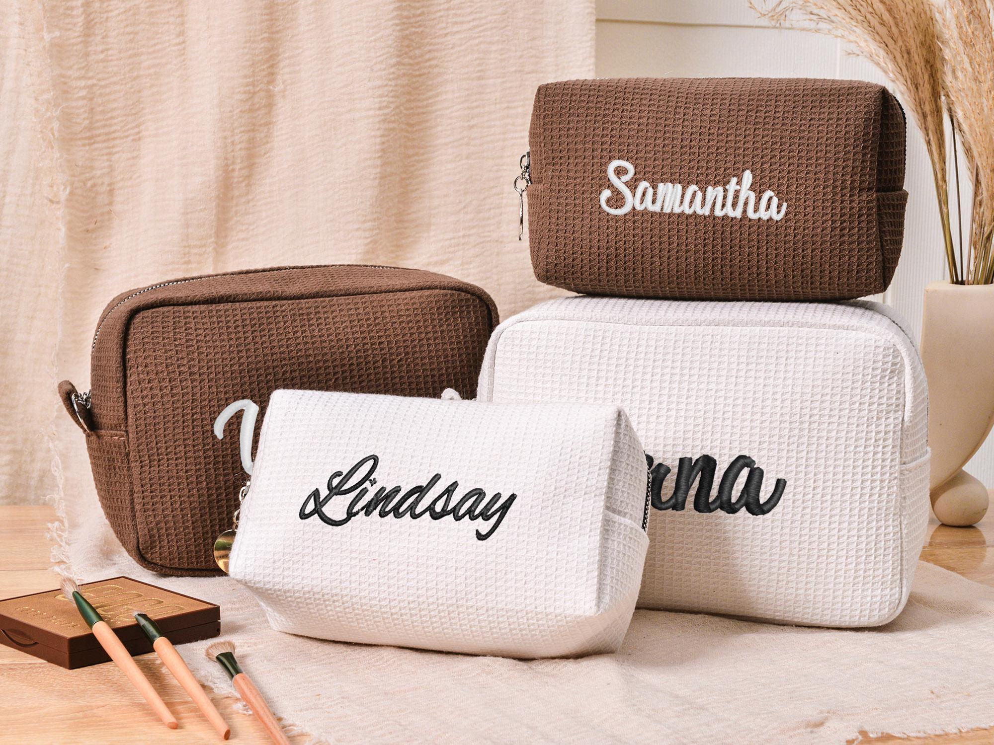 Custom Name Waffle Makeup Bag – Embroidered Monogram Cosmetic Pouch, Bridesmaid Gift, Gift for Her