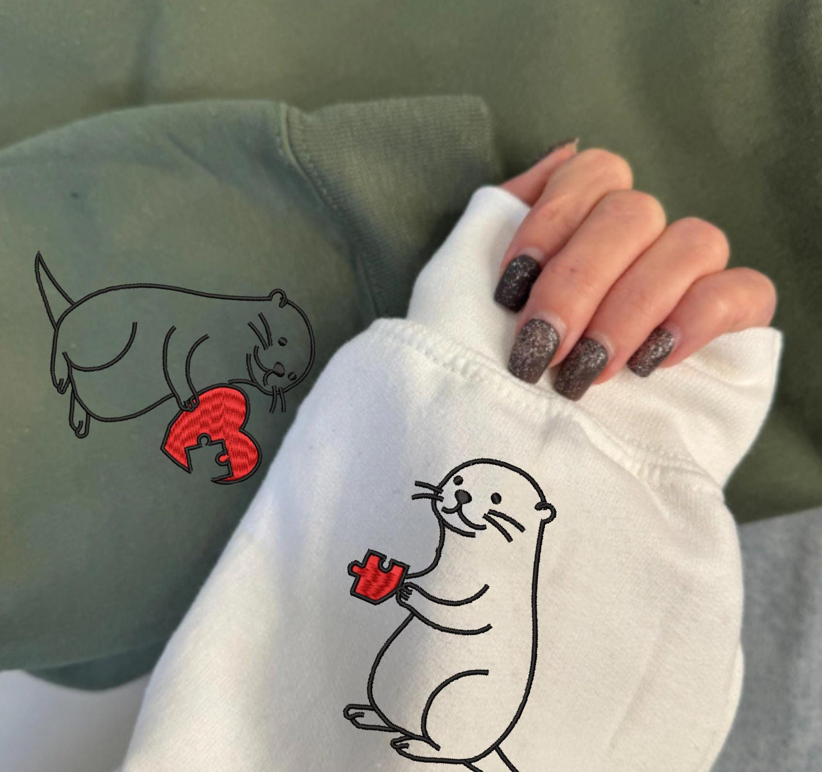 Embroidered Otter Sweatshirt for Valentine’s Day, Funny Couple Crewneck with Custom Sleeve Embroidery, Cute Couple Shirt, Anniversary Gift