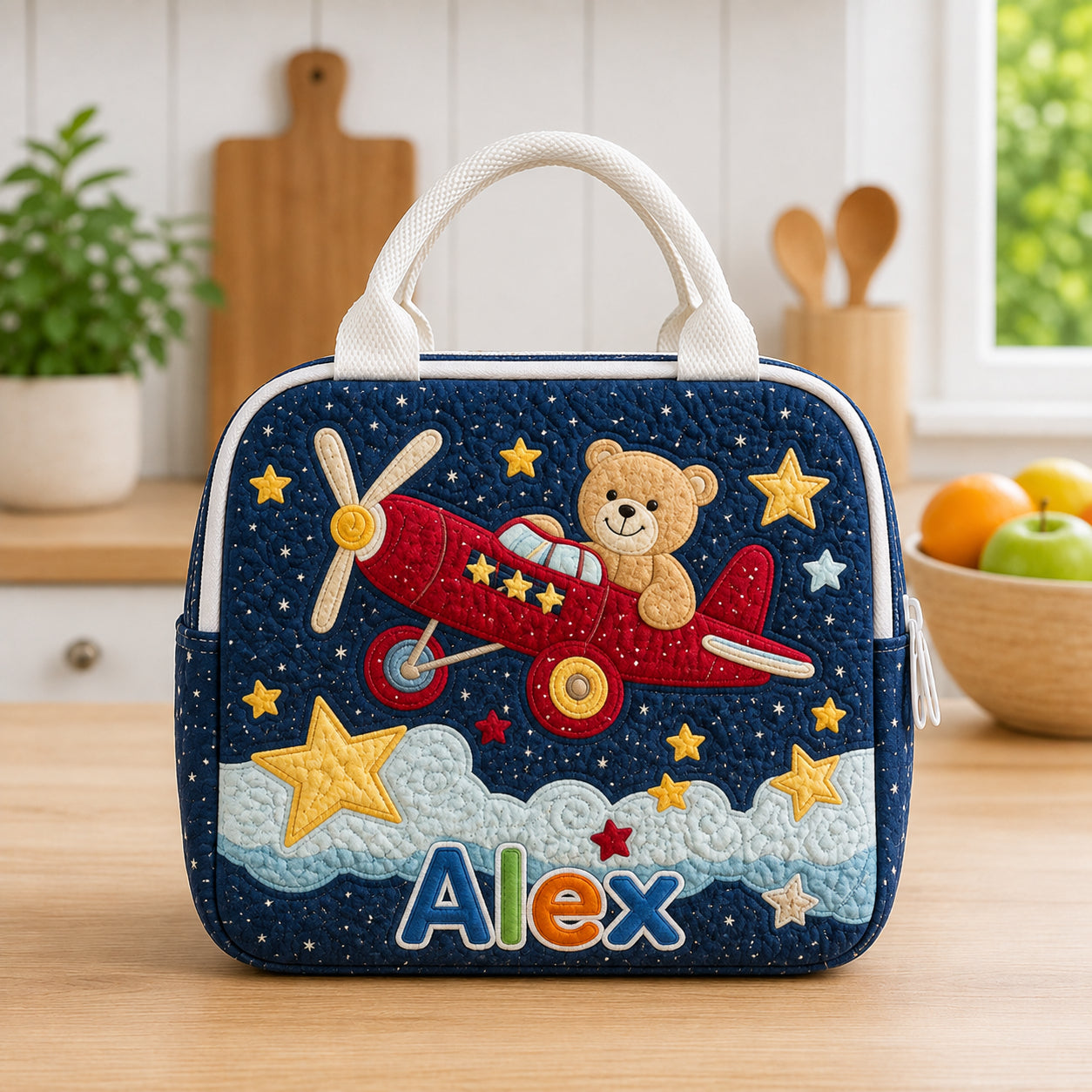 Airplane Bear Quilted Lunch Bag, Insulated Quilted Lunch Tote, Bear Lunch Bag, Custom Kid Lunch Bag, Back To School Bag, Picnic Bag, Reusable Lunch Tote QLB09