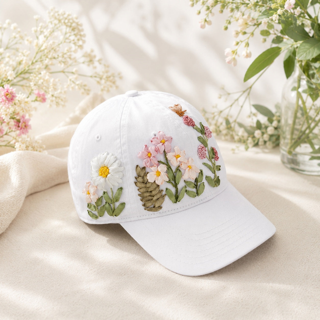 Custom Wildflower Hand-Embroidered Baseball Cap, Embroidered Cap, Hand Embroidered Cap, Custom Hat Embroidery, Family Hat EMSH12