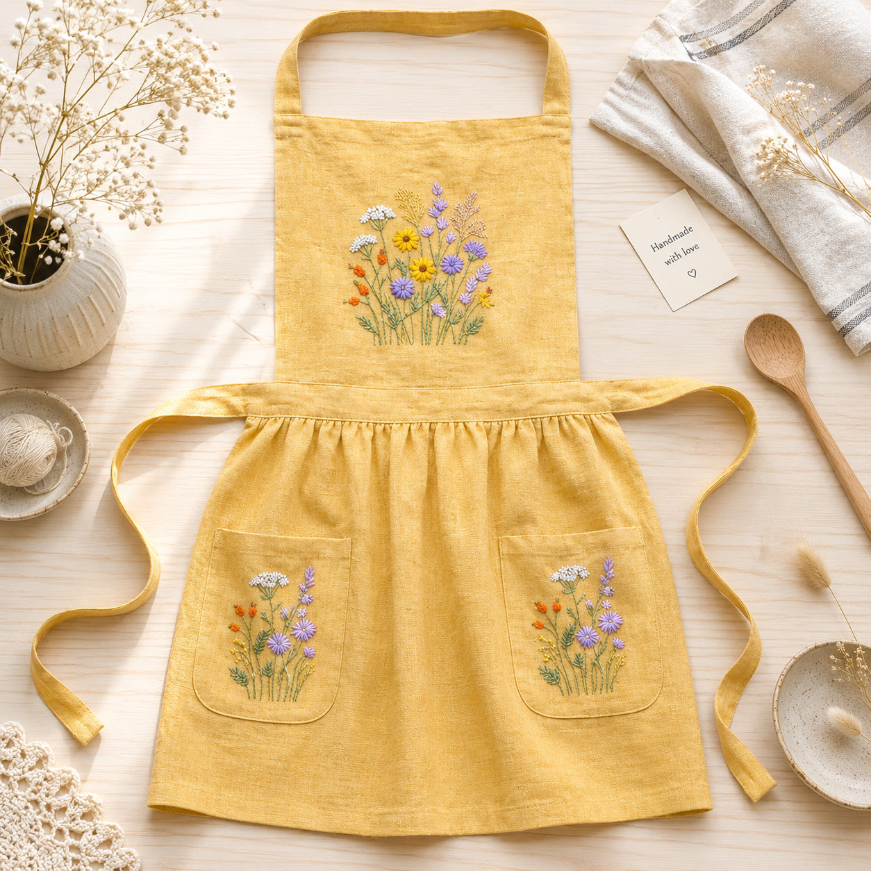Personalized Floral Hand Embroidered Apron, Handmade Wild Flowers Apron, Embroidered Apron, Linen Apron, Gardening Apron, Kitchen Apron, Mom Gift EMAP10