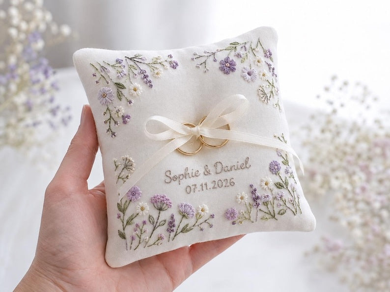 Personalized Embroidered Purple Floral Wedding Ring Bearer Pillow, Custom Wedding Ring Pillow, Wedding Keepsake Gift WPILLOW08