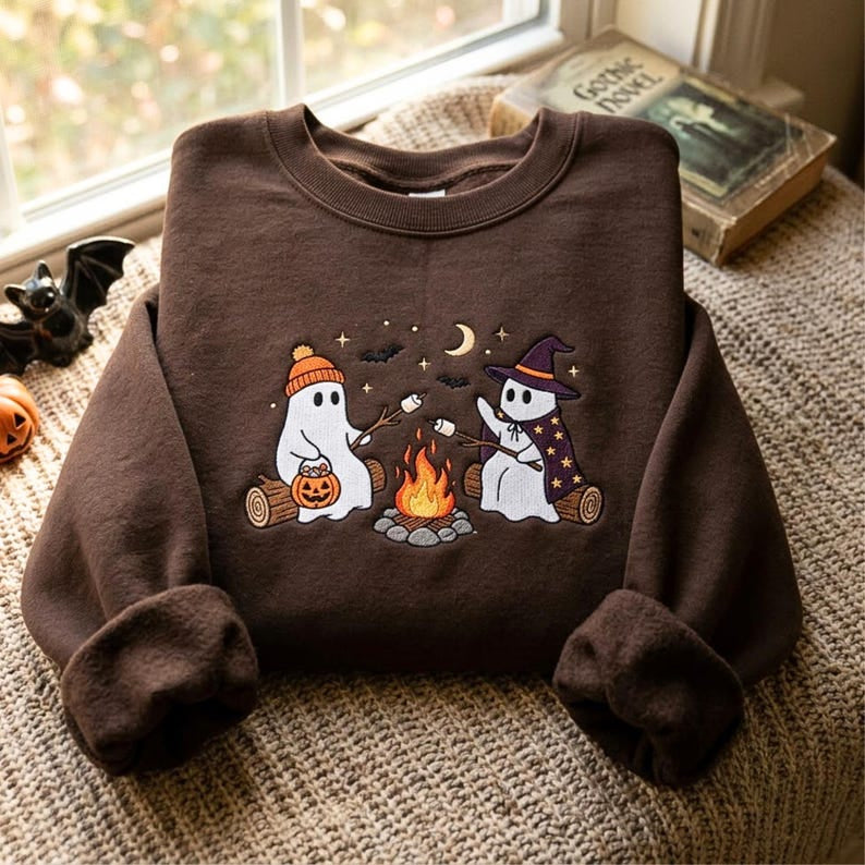 Embroidered Ghost Campfire Shirt, Cozy Shirt, Funny Ghost Shirt, Halloween Spooky Season Shirt, Halloween Family Shirt HLNS09