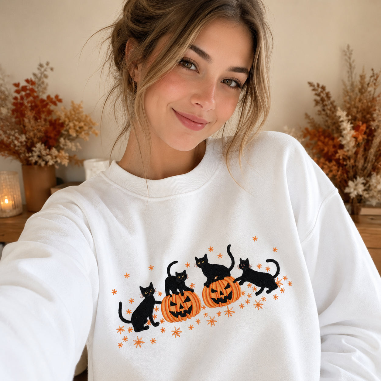 Embroidered Halloween Black Cat Shirt, Pumpkin Fall Shirt, Cute Autumn Spooky Season, Bat Tee Top, Cat Lover Gift HLEM09