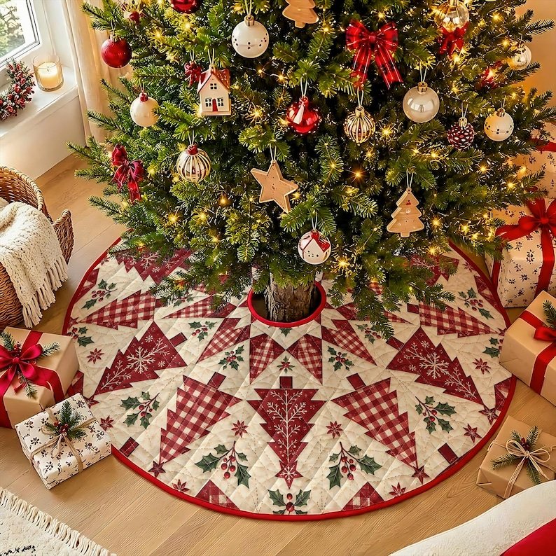 Red Christmas Tree Patchwork Quilted Tree Skirt, Patchwork Xmas Tree Skirt, Holiday Decor, Xmas Tree Base Cover, Custom Tree Skirt XMASTS09
