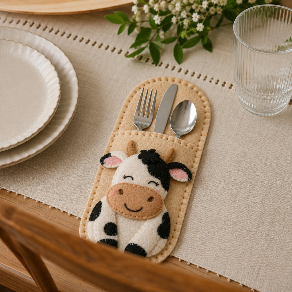 Cute Cow Felt Silverware Holder, Farm Animal Cutlery Pocket, Farmhouse Table Decor, Country Kitchen Place Setting FELTCH09