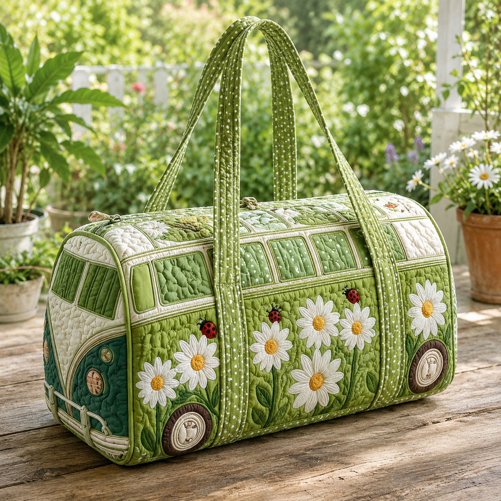 Daisy and Ladybug Quilted Duffle Bag, Flower Pattern Duffle Bag, Overnight Bag, Quilted Travel Bag, Quilted Weekend Bag, Custom Bag Gift DFB08