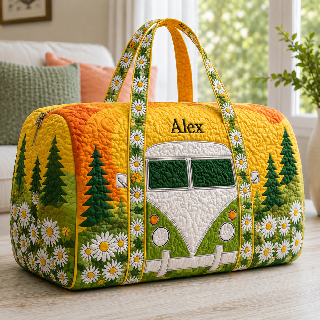 Retro Daisy Camper Van Quilted Duffle Bag, Floral Weekender Bag, Quilted Travel Bag, Custom Family Travel Bag QTTVB06