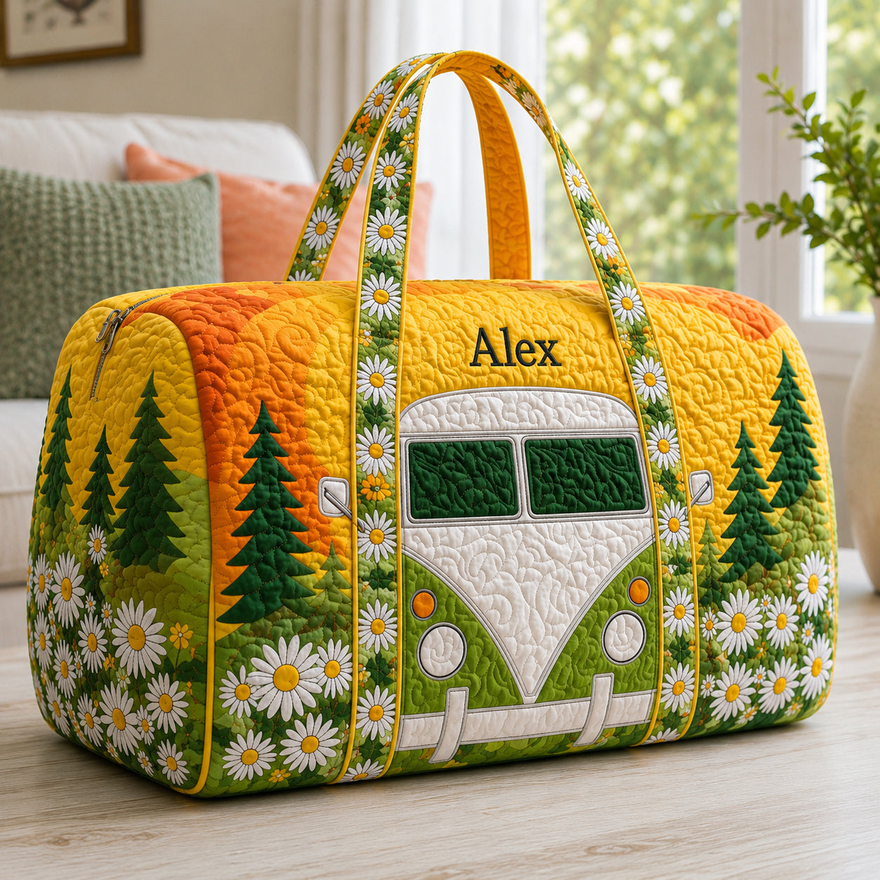 Retro Daisy Camper Van Quilted Duffle Bag, Floral Weekender Bag, Quilted Travel Bag, Custom Family Travel Bag QTTVB06