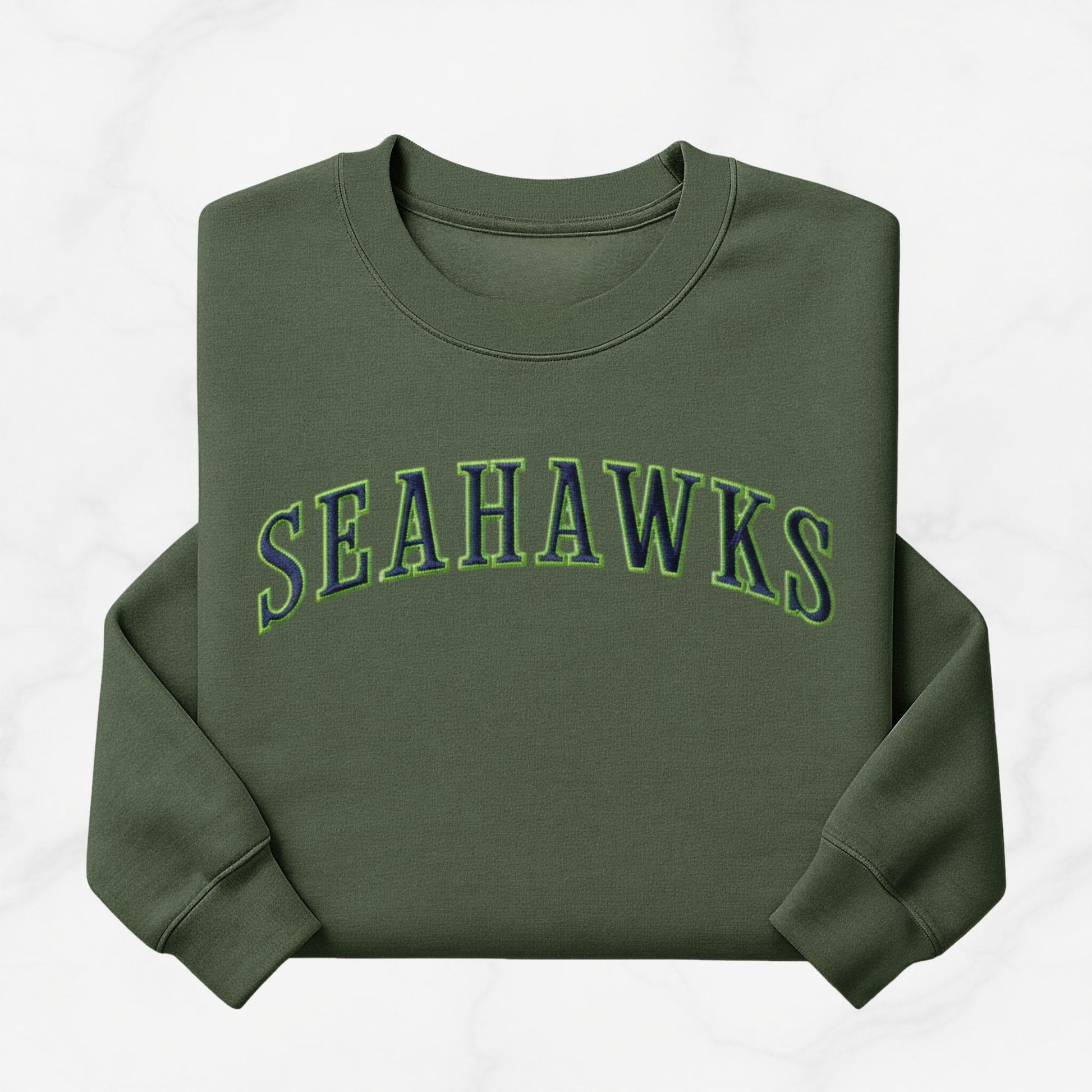 Embroidered Seahawks Crewneck Sweatshirt, Green and Navy Lettering, Seattle Football Fan Merch Apparel