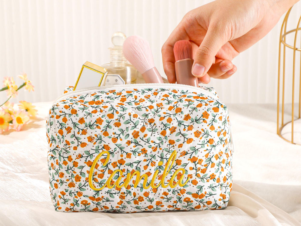 Personalized Embroidered Makeup Bag – Custom Floral Cosmetic Bag, Travel Makeup Pouch, Bridesmaid Gift for Her