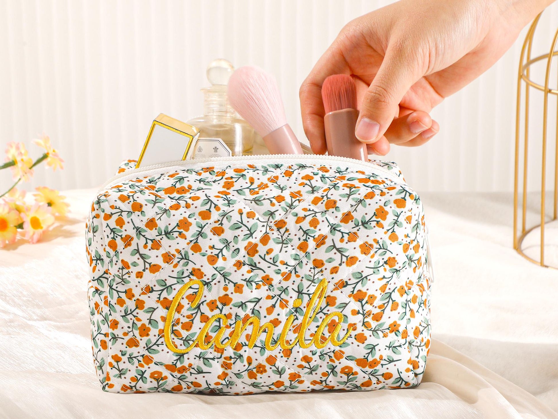 Personalized Embroidered Makeup Bag – Custom Floral Cosmetic Bag, Travel Makeup Pouch, Bridesmaid Gift for Her