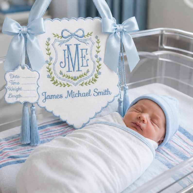 Personalized Baby Banner, Custom Name Sign, Newborn Gift, Baby Name Banner, Monogram Hospital Door Hanger, Baby Shower Gift BBFLAG08