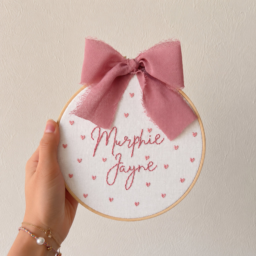 Personalized Hand Embroidered Baby Announcement Sign with Heart, Custom Baby Name Sign, Handmade Nursery Keepsake Gift for Newborn EM06