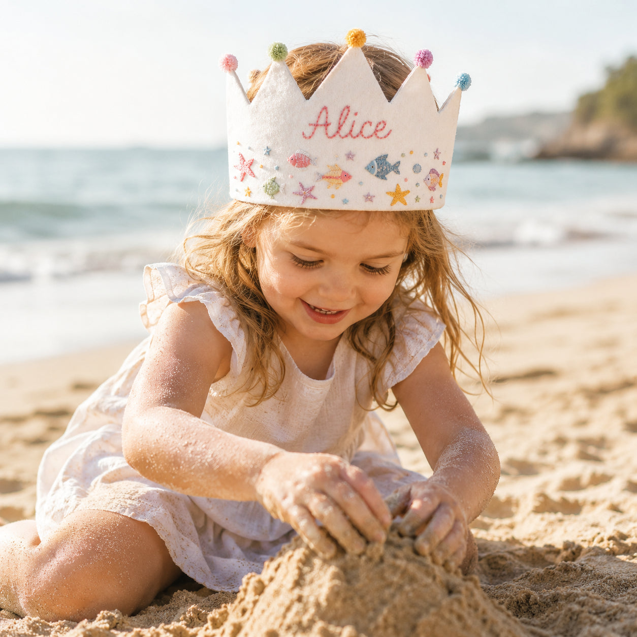 Hand-Embroidered Sea Animal Linen Birthday Crown, Personalized Fish And Beach Name Keepsake, Birthday Crown For Kid, Custom Embroidered Crown EMC08