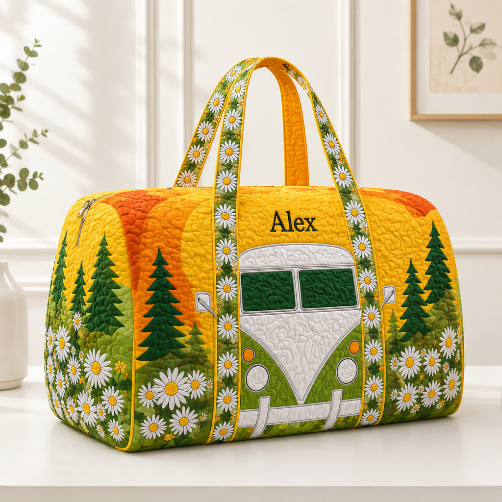 Retro Daisy Camper Van Quilted Duffle Bag, Floral Weekender Bag, Quilted Travel Bag, Custom Family Travel Bag QTTVB06