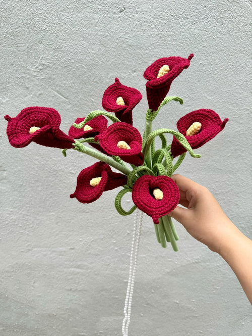Burgundy Crochet Calla Lily Wedding Bouquet, Handmade Red Bridal Flowers, Forever Flower Bouquet, Romantic Bride Gift WEDDINGF10