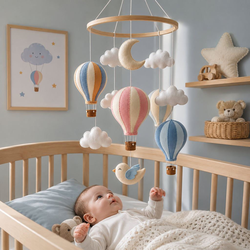 Personalized Hot Air Balloon Felt Baby Mobile, Handmade Nursery Crib Mobile, Pastel Balloon and Cloud Baby Room Decor BBMB09
