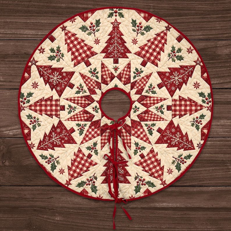 Red Christmas Tree Patchwork Quilted Tree Skirt, Patchwork Xmas Tree Skirt, Holiday Decor, Xmas Tree Base Cover, Custom Tree Skirt XMASTS09