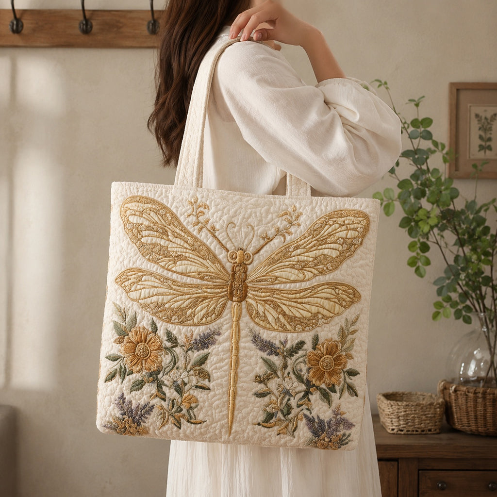 Elegant Dragonfly Floral Quilted Tote Bag, Dragonfly Shoulder Bag, Floral Pattern Art Tote, Fabric Tote Bag, Gift Bag QTOTE33