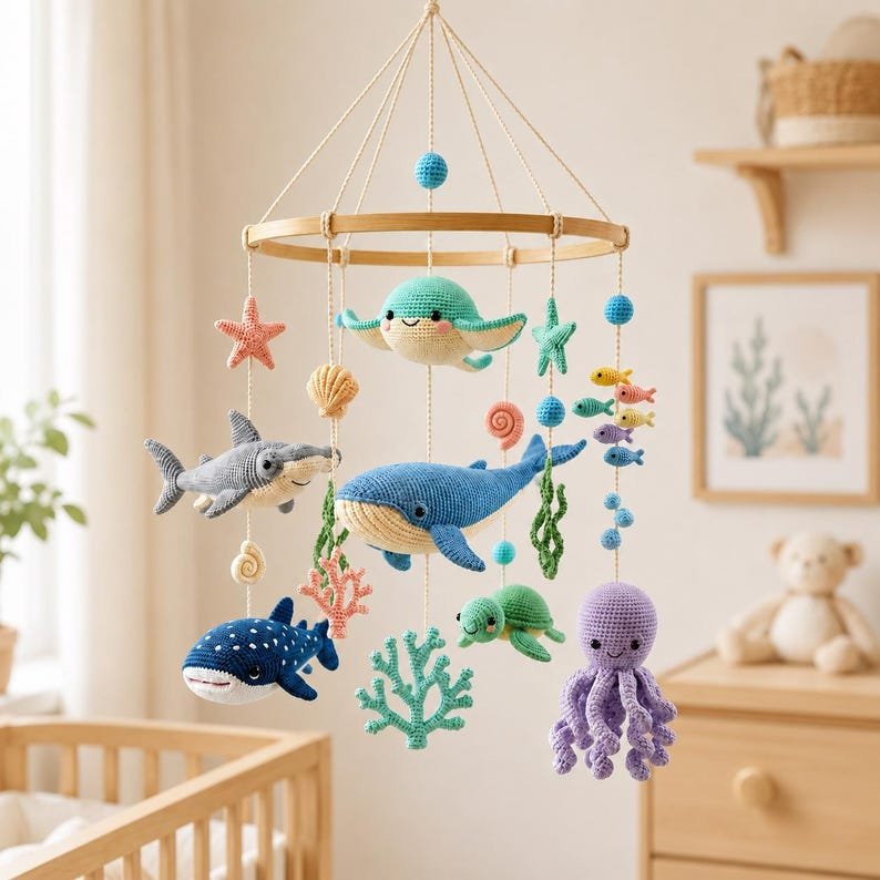 Ocean Animals Baby Crib Mobile, Handmade Crochet Sea Life Mobile, Whale Shark Turtle Octopus Nursery Decor, Under the Sea Baby Gift CrochetBBM08