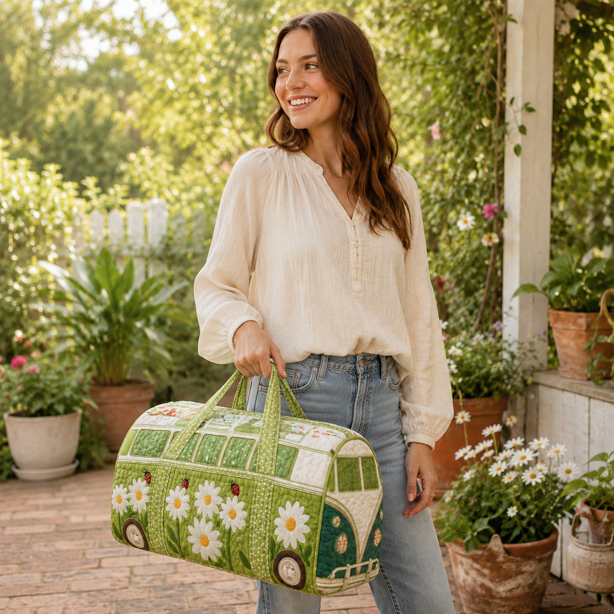 Daisy and Ladybug Quilted Duffle Bag, Flower Pattern Duffle Bag, Overnight Bag, Quilted Travel Bag, Quilted Weekend Bag, Custom Bag Gift DFB08