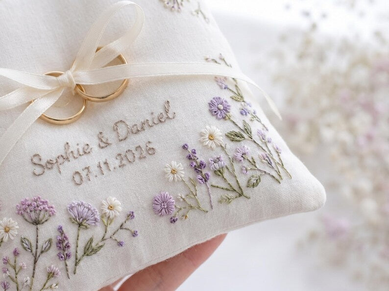 Personalized Embroidered Purple Floral Wedding Ring Bearer Pillow, Custom Wedding Ring Pillow, Wedding Keepsake Gift WPILLOW08