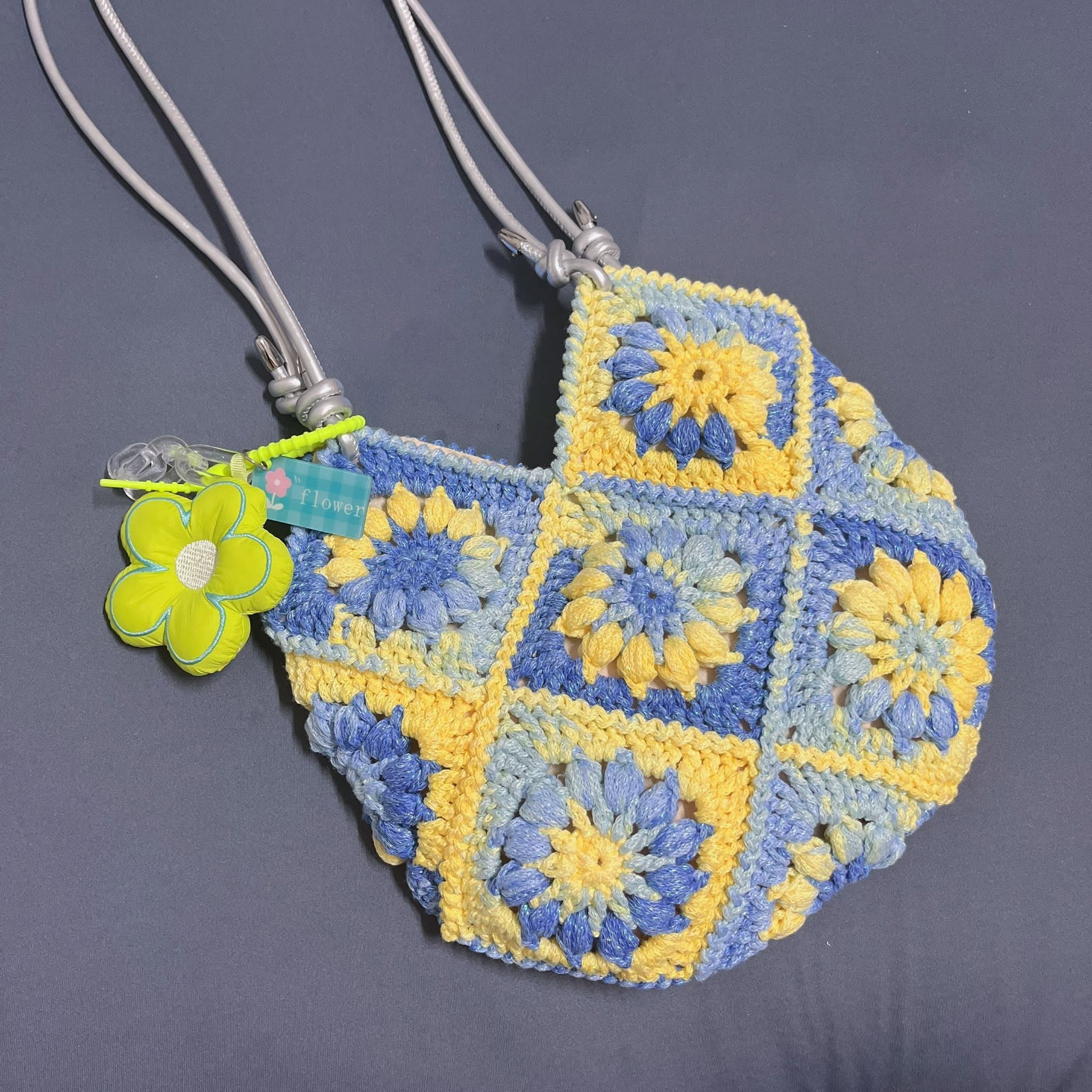Granny Square Crochet Bag, Handmade Flower Patchwork Shoulder Bag, Blue Yellow Crochet Purse, Boho Floral Summer Bag for Women Crochet04