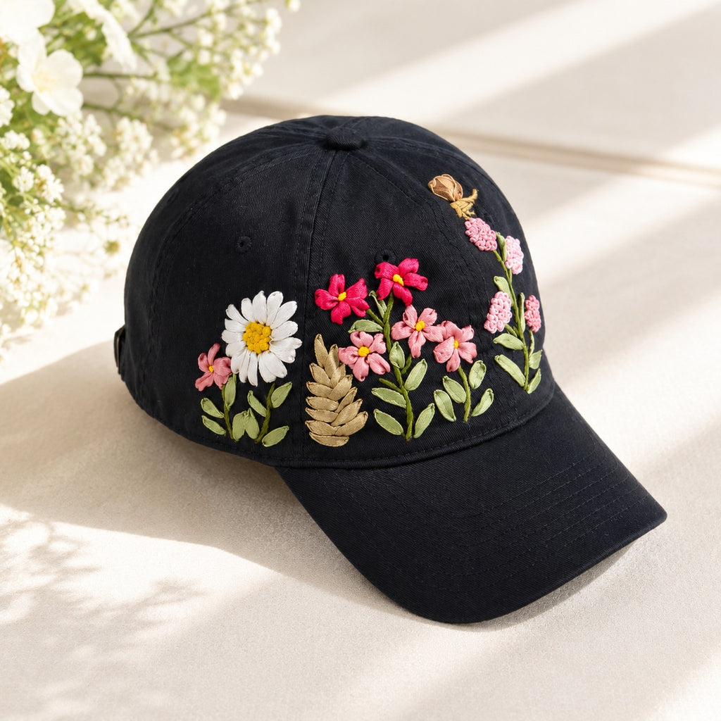 Custom Wildflower Hand-Embroidered Baseball Cap, Embroidered Cap, Hand Embroidered Cap, Custom Hat Embroidery, Family Hat EMSH12