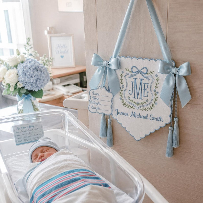 Personalized Baby Banner, Custom Name Sign, Newborn Gift, Baby Name Banner, Monogram Hospital Door Hanger, Baby Shower Gift BBFLAG08