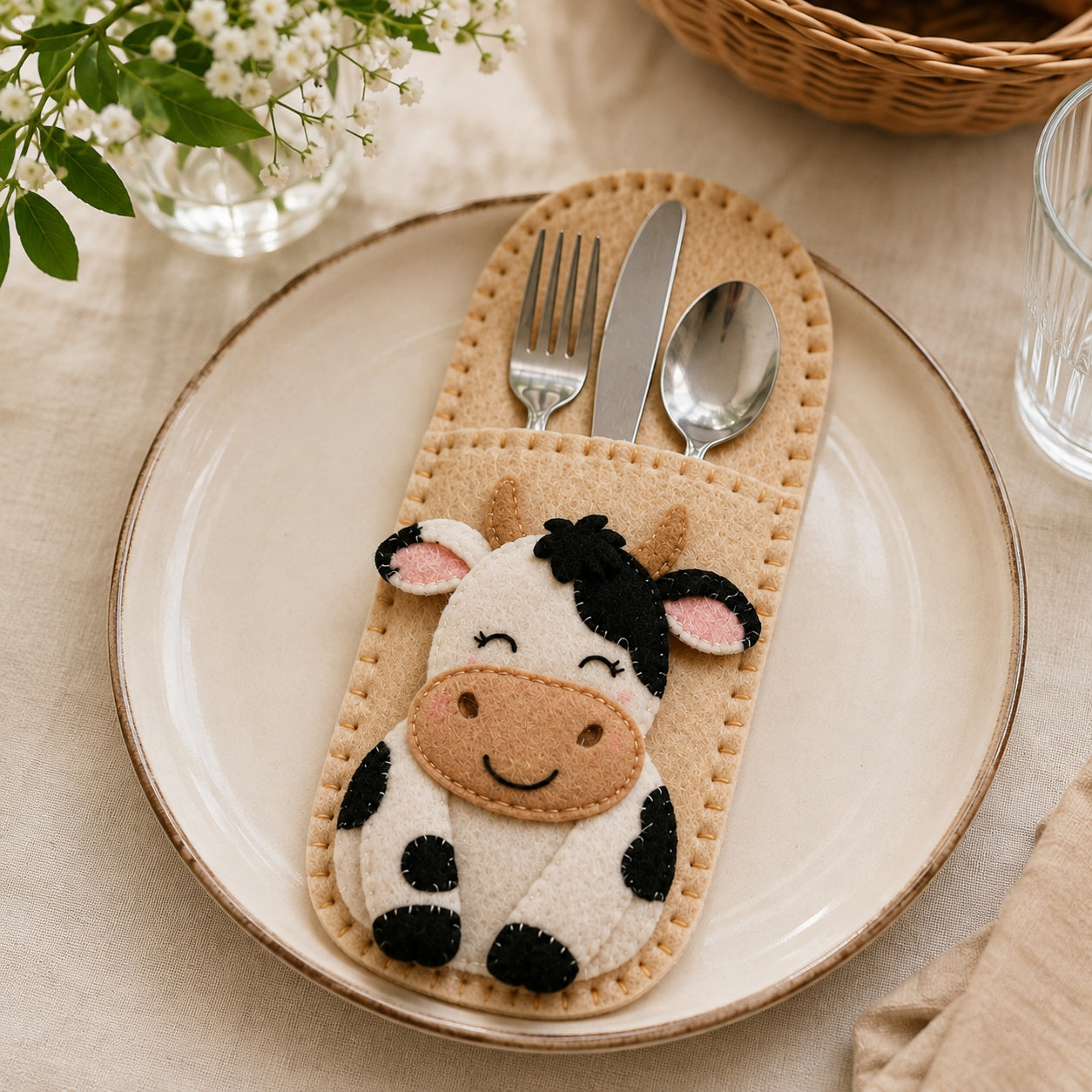 Cute Cow Felt Silverware Holder, Farm Animal Cutlery Pocket, Farmhouse Table Decor, Country Kitchen Place Setting FELTCH09