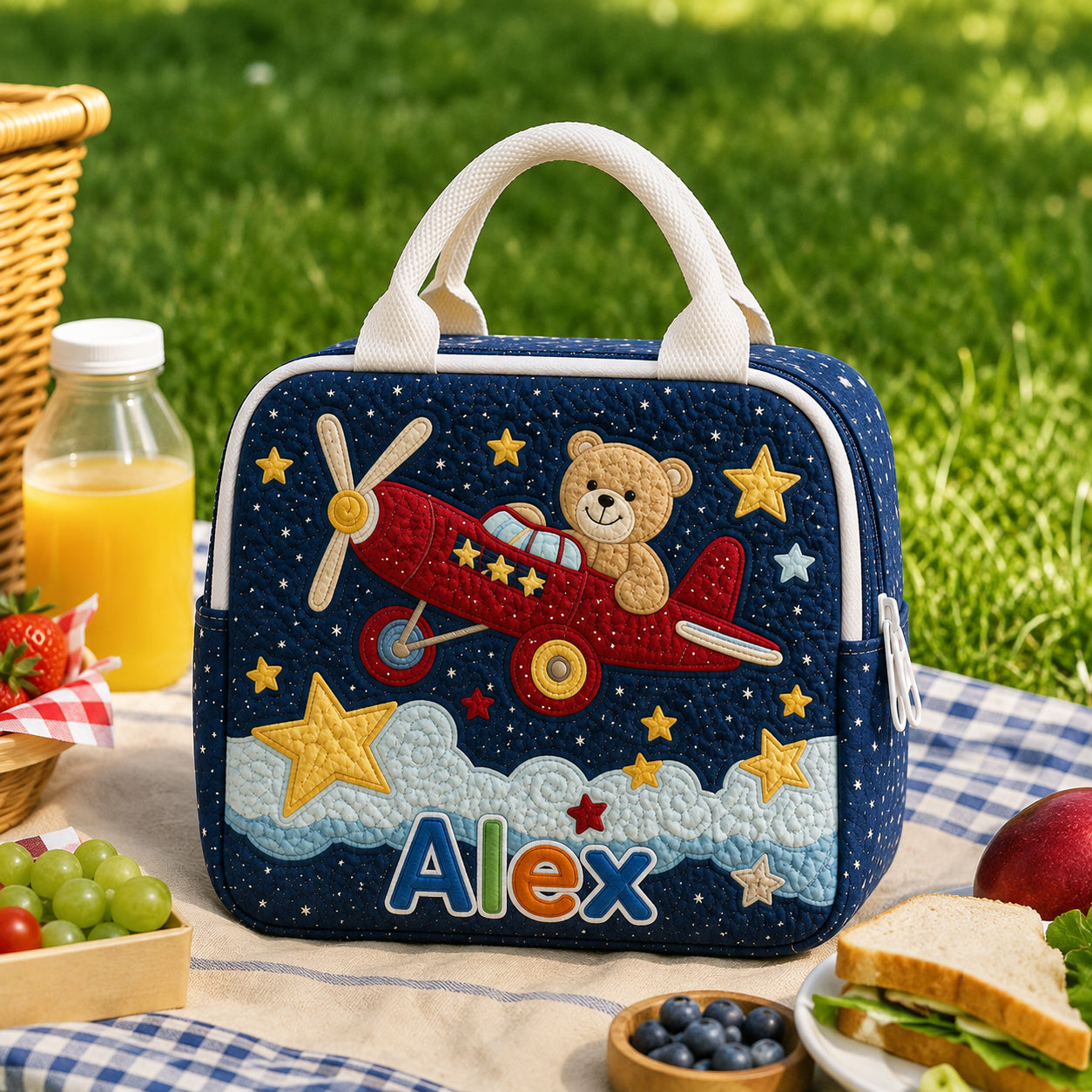 Airplane Bear Quilted Lunch Bag, Insulated Quilted Lunch Tote, Bear Lunch Bag, Custom Kid Lunch Bag, Back To School Bag, Picnic Bag, Reusable Lunch Tote QLB09