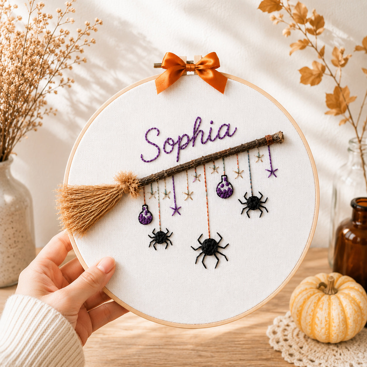 Witch Broom Halloween Hand-Embroidery Hoop, Custom Embroidered Wall Art, Hanging Decor, Handmade Gift HOOP10