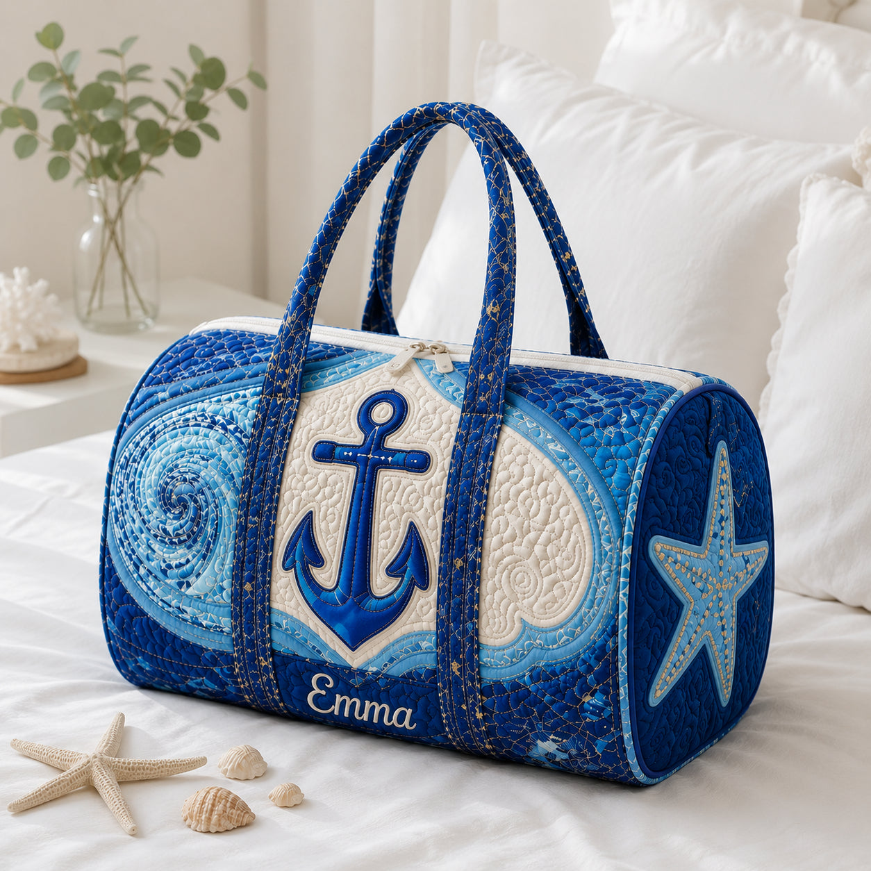 Personalized Nautical Quilted Duffle Bag, Anchor Beach Travel Bag with Name, Coastal Weekender Bag, Ocean Lover Gift DFB31