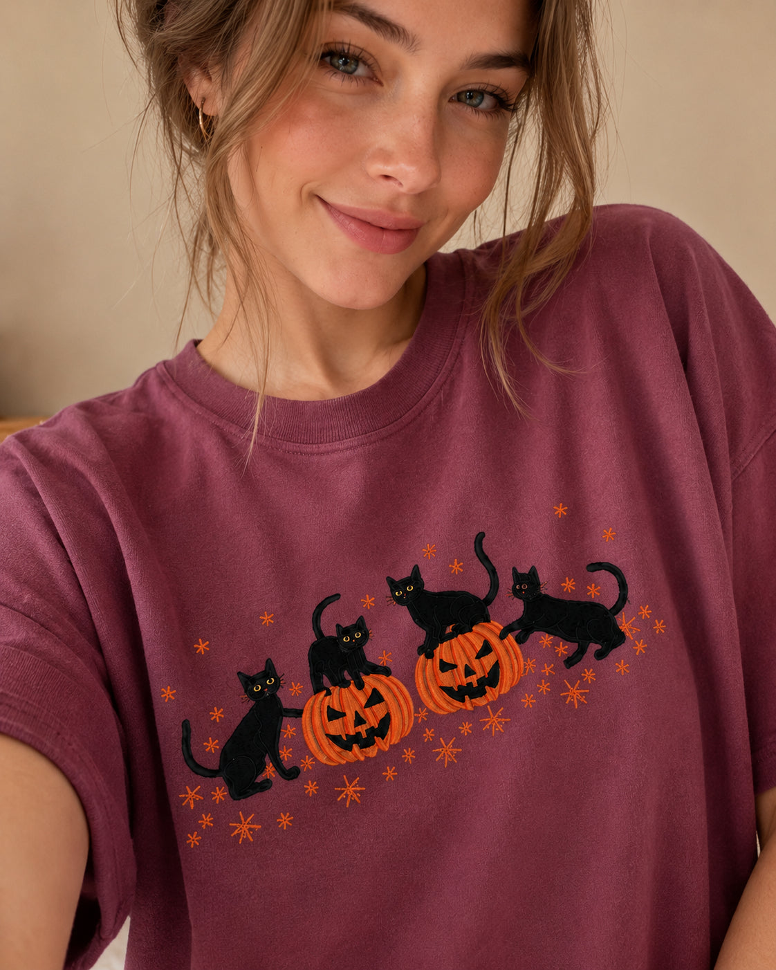 Embroidered Halloween Black Cat Shirt, Pumpkin Fall Shirt, Cute Autumn Spooky Season, Bat Tee Top, Cat Lover Gift HLEM09