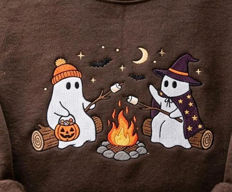 Embroidered Ghost Campfire Shirt, Cozy Shirt, Funny Ghost Shirt, Halloween Spooky Season Shirt, Halloween Family Shirt HLNS09