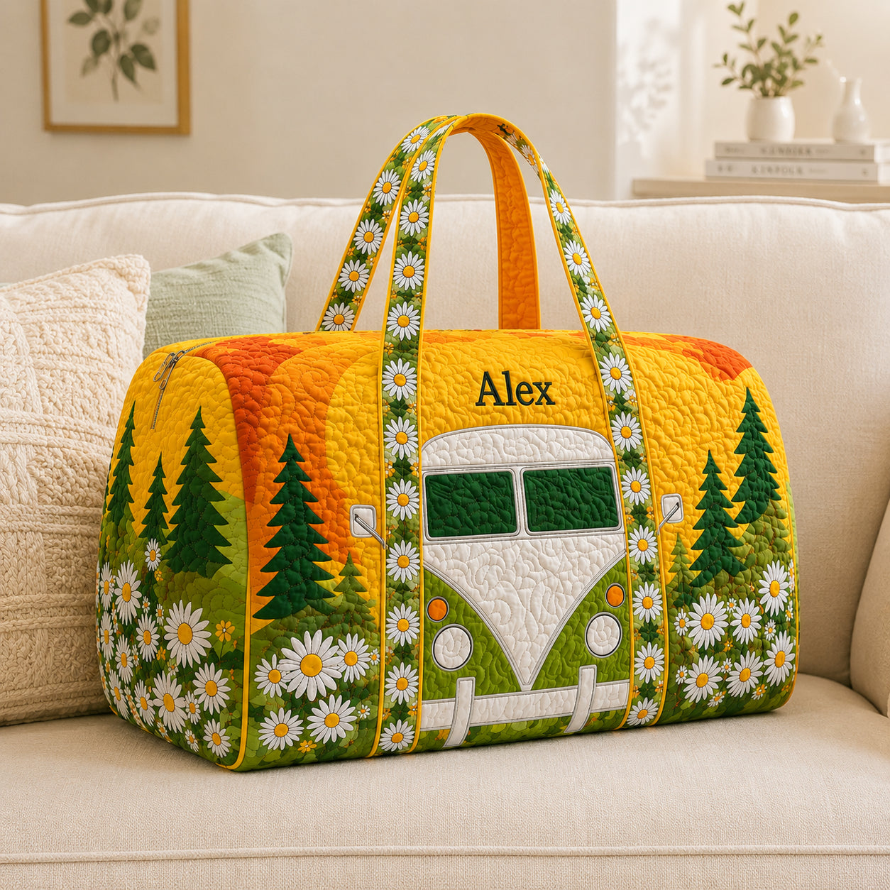 Retro Daisy Camper Van Quilted Duffle Bag, Floral Weekender Bag, Quilted Travel Bag, Custom Family Travel Bag QTTVB06
