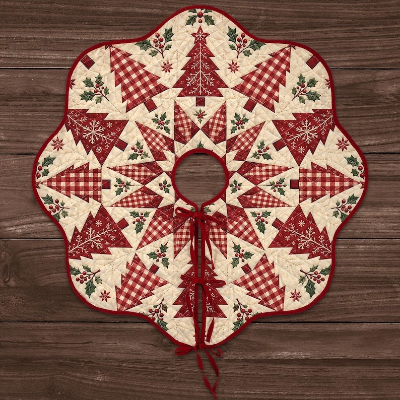 Red Christmas Tree Patchwork Quilted Tree Skirt, Patchwork Xmas Tree Skirt, Holiday Decor, Xmas Tree Base Cover, Custom Tree Skirt XMASTS09
