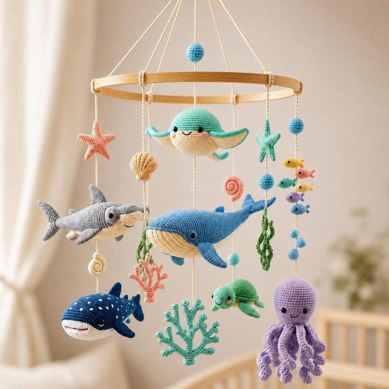 Ocean Animals Baby Crib Mobile, Handmade Crochet Sea Life Mobile, Whale Shark Turtle Octopus Nursery Decor, Under the Sea Baby Gift CrochetBBM08